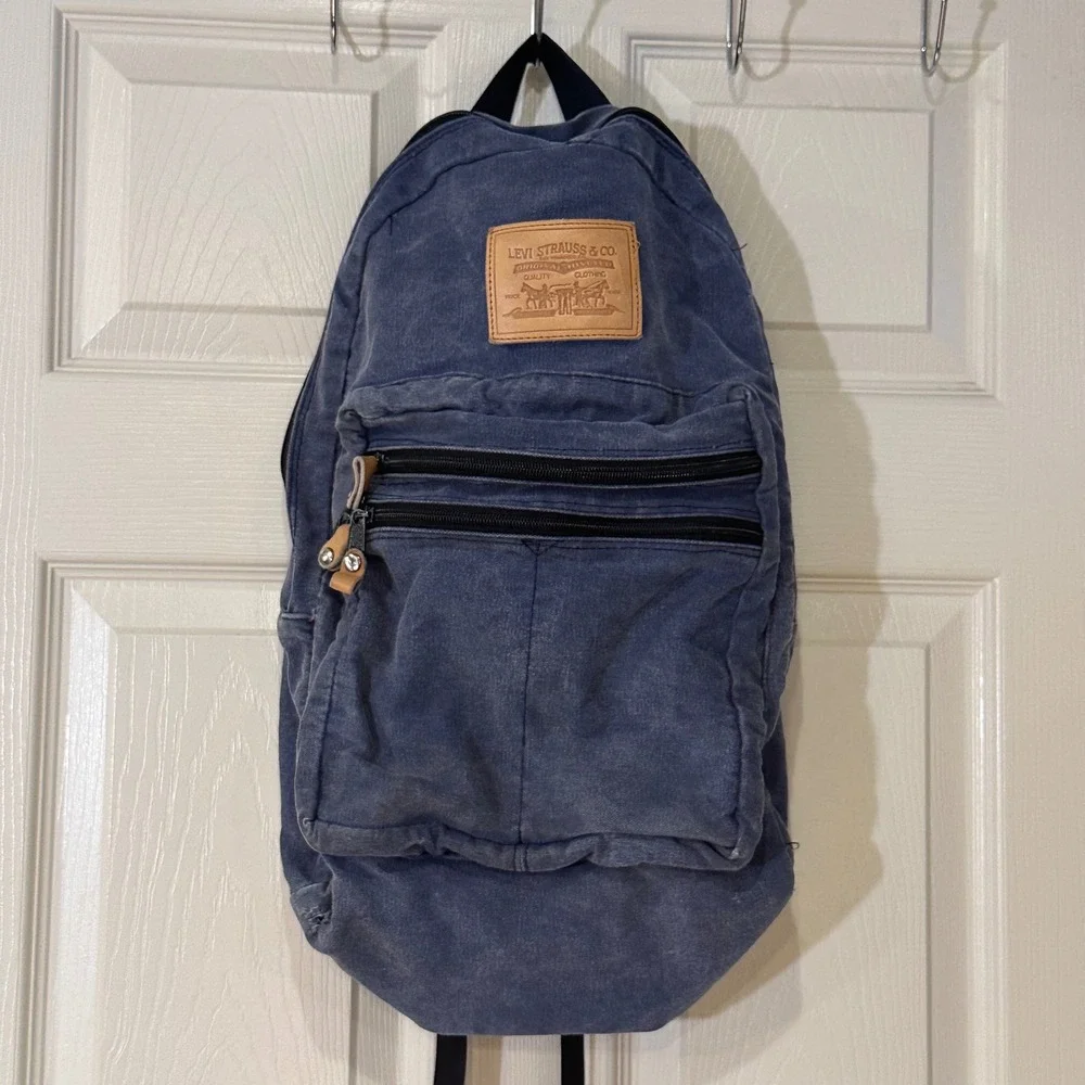 Levis Mens Washed Canvas Backpack Blue Denim Style Two Horse Patch Orange Tab